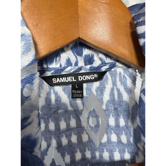 Samuel Dong Ikat Sheer Jacket Blue White Art Print Lightweight Coat SZ L - Picture 3 of 12